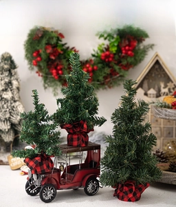 Mini Christmas trees with plaid burlap bases and vintage red metal car desktop decoration
