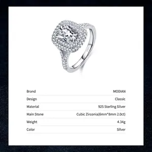 Anello classico in argento 925 con zircone rettangolare 2ct e doppia fila di pavé