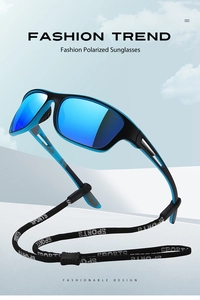 Close-up of polarized sports sunglasses in blue and black with branded elastic cord