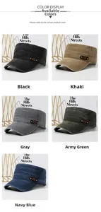 Detail view of washed cotton military caps in black, khaki, gray, army green and navy blue
