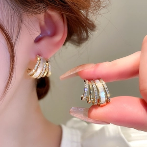 Elegant gold multi-layer C-shape earrings with zircon micro-pave and mother of pearl