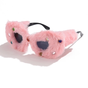 Pink faux fur cat-eye sunglasses with colorful rhinestones for Y2K holiday party fashion