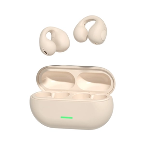 Beige T7500 bone conduction clip-on wireless headphones with open-ear charging case