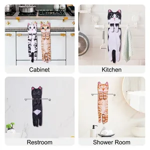 Cute cat-shaped microfiber hand towels in four colors hanging in kitchen and bathroom