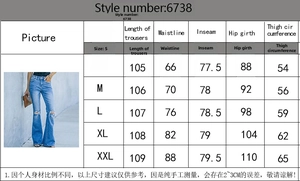 Tableau des tailles pour jeans évasés femmes avec mesures de longueur et taille S à XXL