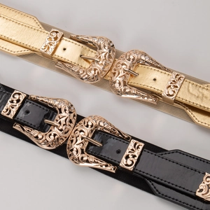 Retro vintage wide elastic waist belts with engraved gold double buckles in black and gold