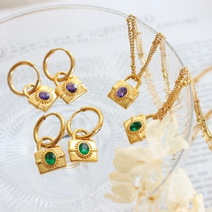 Padlock Pendant Necklace And Earrings Jewelry Stainless Steel 18K Gold Plated With Colorful Zirconia Vintage For Women