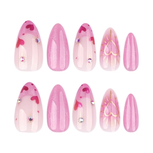 Pink French cat eye almond press-on nails with sparkling rhinestones and heart art