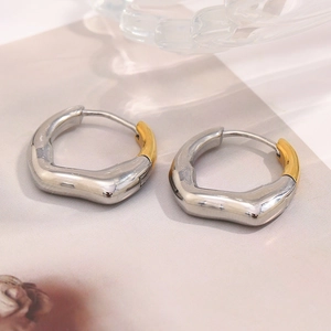 Detailed view of silver and gold irregular geometric stainless steel earrings