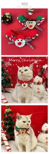 Detail of hand-knitted Christmas pet collars featuring Santa and reindeer designs