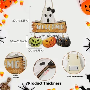 Detail of Halloween welcome sign with LED battery pack and 1.5cm wood thickness view