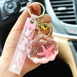 Starfish liquid glitter keychain with pink shell acrylic pendant and silicone strap