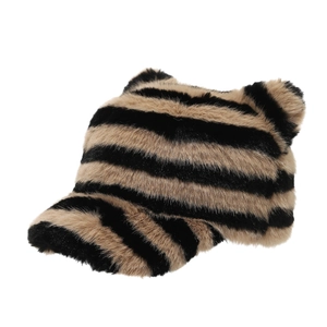 Fuzzy animal print baseball cap with cute cat ears and warm zebra stripe plush texture