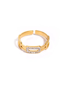Detail of gold open ring with double-layered hollow band and sparkling zircon rectangle