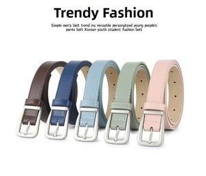 Detail shot of multi-color slim PU leather belts with matte silver pin buckles for women