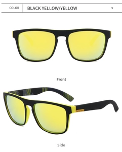 Detail of polarized sunglasses showing black yellow frame and yellow coated lenses