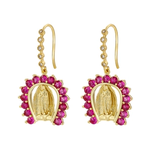 Golden Virgin Mary hoop earrings with magenta zircons and white micro-pave crystals
