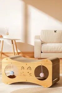 Maison griffoir pour chat à deux niveaux avec balles de jeu et texture en bois naturel