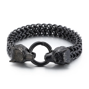 Vintage punk black titanium steel bracelet featuring detailed double wolf heads with ring clasp