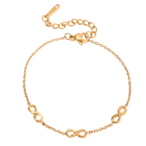 18K gold plated stainless steel infinity symbol bracelet with lobster clasp on white background