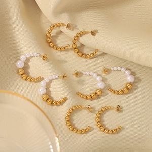 Classic C-shaped stainless steel earrings with gold beads and white pearls for women