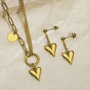 Detailed view of a gold heart jewelry set including a layered necklace and drop earrings