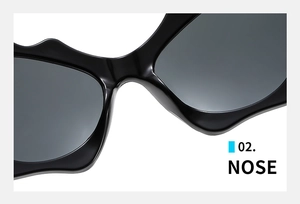 Detail view of the wave-shaped nose bridge on high-gloss Y2K cat-eye sunglasses