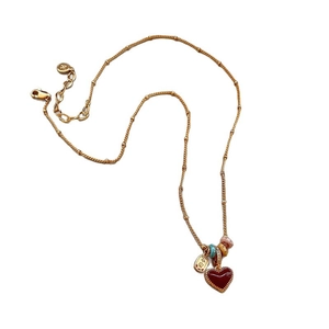 18k gold plated necklace with a red heart pendant and colorful beads on a fine chain