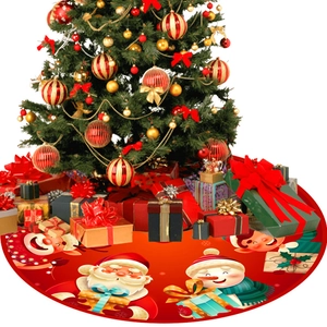 Red Christmas tree skirt featuring festive Santa Claus and snowman cartoon character prints