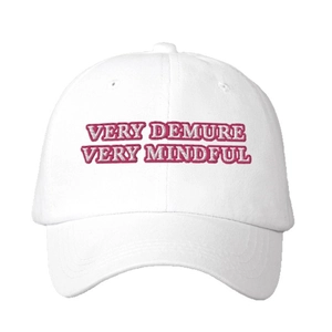 White cotton baseball cap with pink Very Demure embroidery and adjustable strap