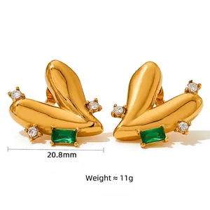Titanium steel heart earrings with emerald green stone and rhinestones, 20.8mm width