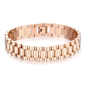 Detailed close-up of a 15mm rose gold stainless steel watch-style link bracelet