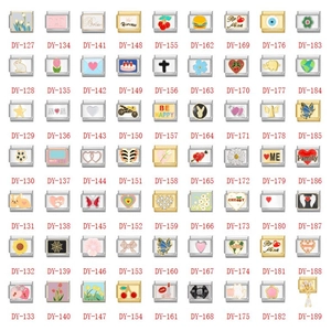 Detailed grid of 63 vintage Italian charm bracelet links with diverse enamel designs