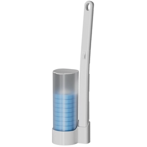 Disposable toilet brush set with long white handle and blue sponge refill heads