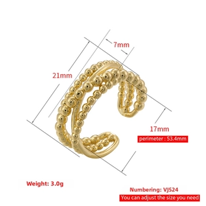 Detailed size specifications for the gold triple-layer beaded adjustable open ring