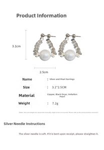Macro detail of irregular silver-tone beads and pearl earrings with dimension labels