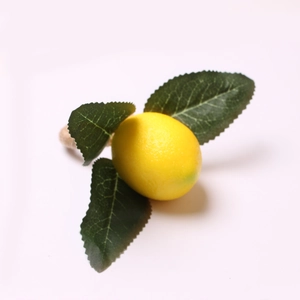 Detail of yellow lemon and green leaves on a napkin ring with rustic jute rope cord