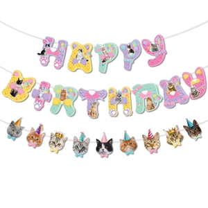 Detail of cat themed happy birthday banner with various cute kitten heads on white background