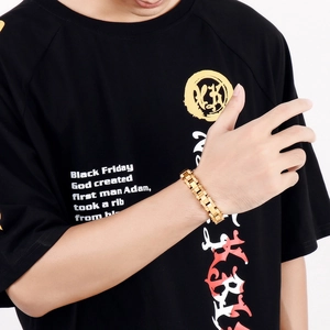 Men's fashion gold stainless steel tank chain bracelet on wrist with folding clasp