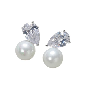 Luxury AAA teardrop zircon and white round pearl earrings in elegant silver setting