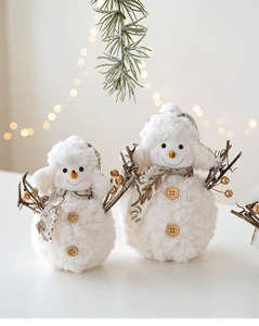 Close-up of plush snowman ornaments with teddy fleece texture and wooden buttons