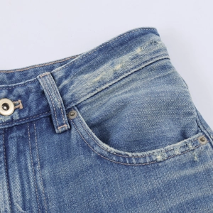 Vintage-Jeans mit weitem Bein für Damen, blaues gewaschenes Denim mit Taschendetails