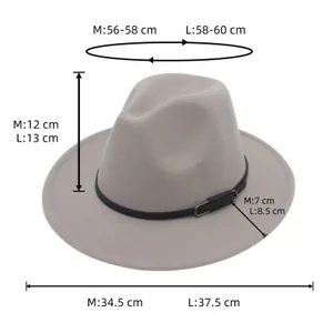 Size chart showing M and L dimensions for a gray wool jazz fedora hat with a belt strap