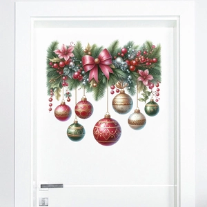 Détail des stickers de Noël avec nœud rouge et boules décoratives sur une porte blanche