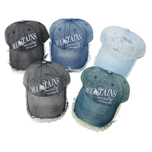 Distressed denim baseball caps with mountain embroidery in five vintage washed colors