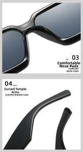 Detail view of smooth integrated nose pads and ergonomic curved temples of square sunglasses