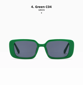 Front view of trendy green rectangular sunglasses with dark lenses and retro glossy finish