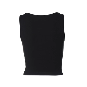Close-up of black ribbed knit fabric and eyelet details on a slim-fit tank top