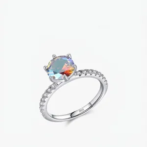 925 Sterling Silver Ring For Women Round Colorful Rainbow Aurora Zircon Six Prong Fashion Luxury Jewelry Niche Design