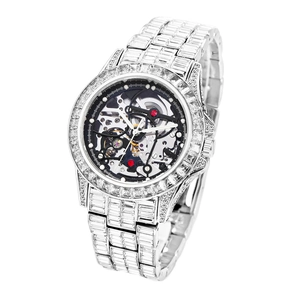 Luxury silver automatic skeleton watch with iced-out crystals and mechanical movement